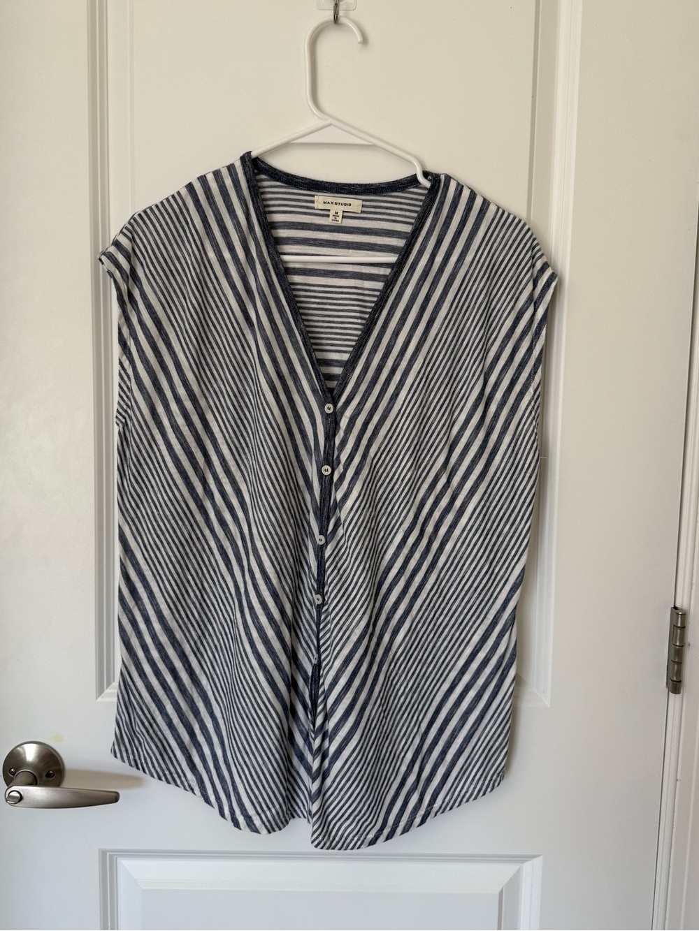 Max Studio Navy and White Striped Button-Front Top